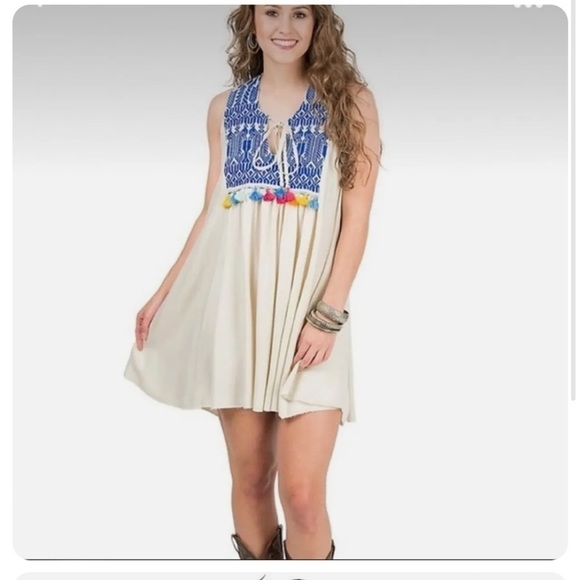 Judith March Dresses & Skirts - Judith March Embroidered Tassel Mini Swing Dress Sleeveless Tank